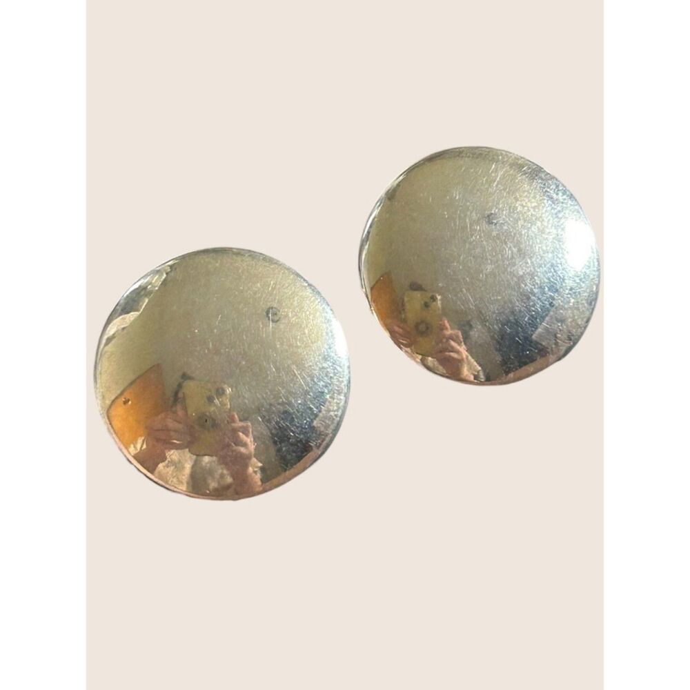 🪙 VTG 80s SILVER TONE DOME BUTTON DISC POLISHED STATEMENT CLIP ON EARRINGS